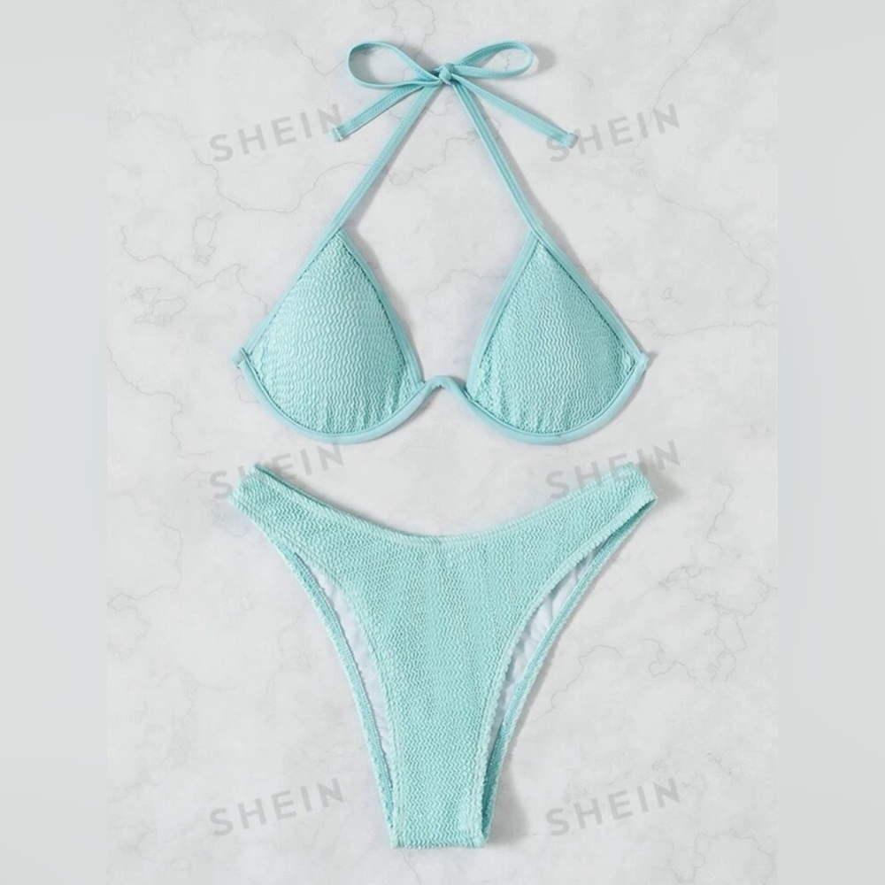 SHEIN Swim Textured Bikini Set Underwire Halter Triangle Bra & High Cut Bottom